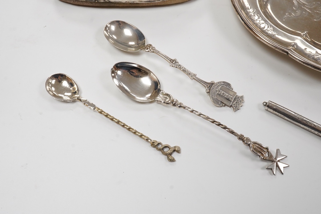 An early Victorian engraved silver plate, of cusped form, by Riley & Storer, London, 1844, with later engraved inscription, 17.5cm, together with two later silver cigarette cases, three silver condiments, a late Victoria